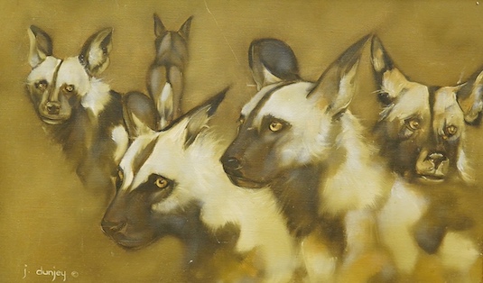 Judy Dunjey, oil on canvas, Study of cheetahs, signed, details verso, 33 x 56cm. Condition - fair